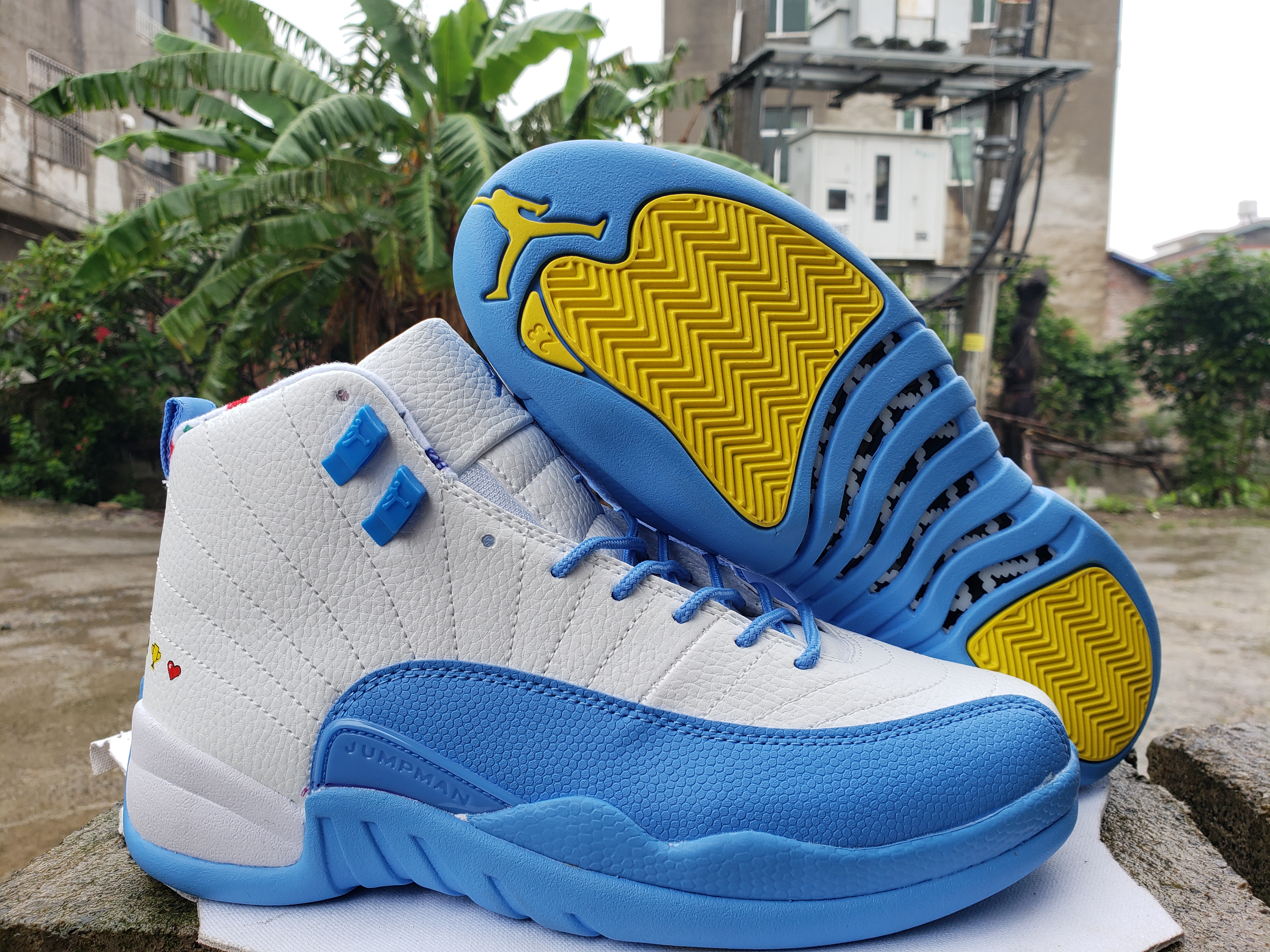2022 Air Jordan 12 White Blue Yellow Shoes - Click Image to Close